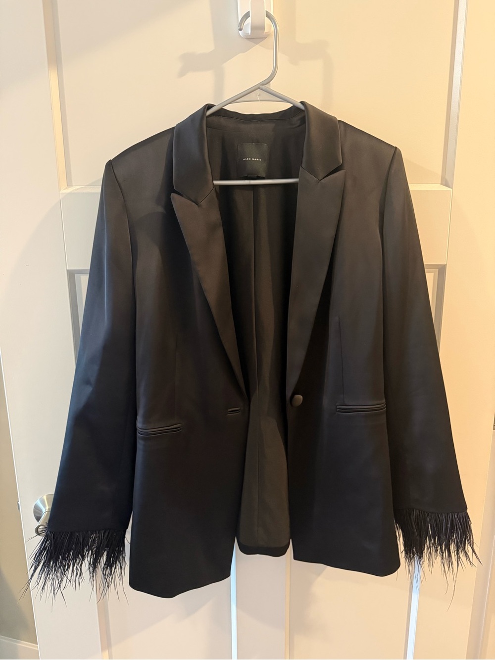 Alex Marie Black Satin Blazer with Feather Cuffs